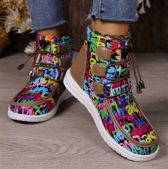 Women's Slip-On Flat Boots,Comfortable Casual Colorful English Letter Decor Boot - Picture 3 of 5
